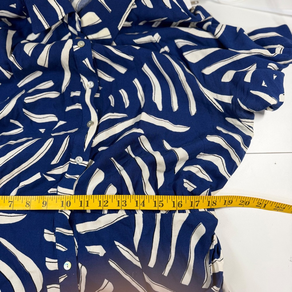 H&M Shirt Dress Women L Blue Leaf Print Short Sleeve Belted Button Front Midi - Picture 11 of 13